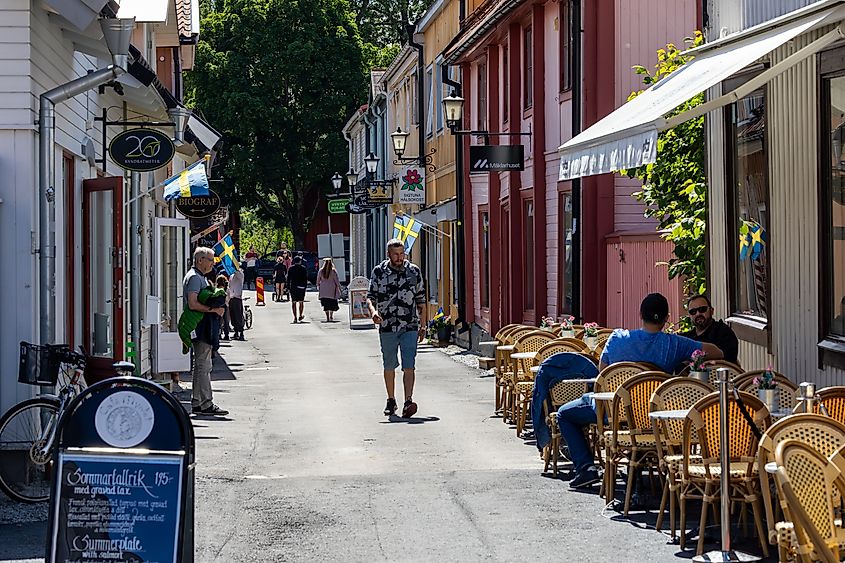 Pedestrians and shoppers on the landmark shopping street in Sigtuna, Sweden