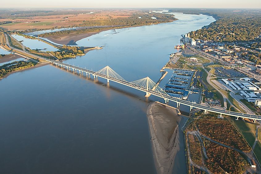 Aerial photo of Clark Bridge over the Mississippi River Crossing in Alton, Illinois.