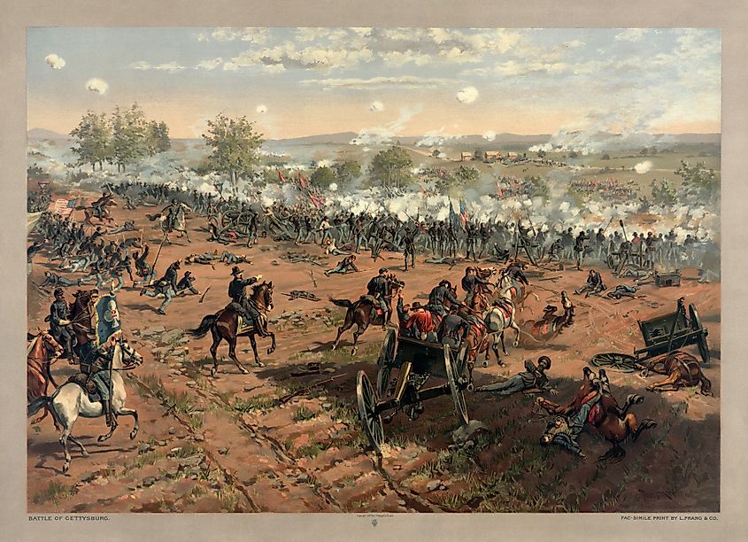L. Prang & Co. print of the painting "Hancock at Gettysburg" by Thure de Thulstrup, showing Pickett's Charge.