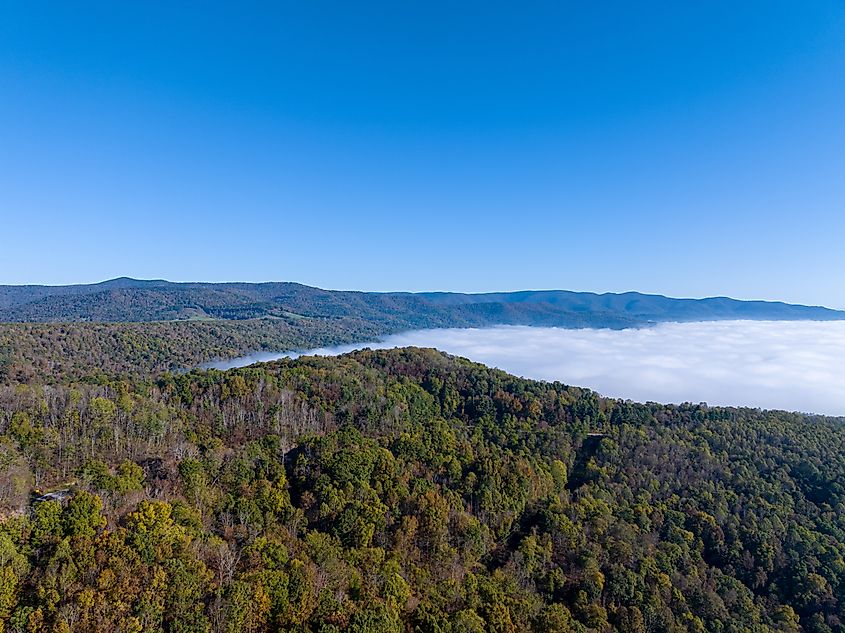 An aerial image of dense fog blanketing the valleys and ridges around Cranberry Glades in West Virginia.