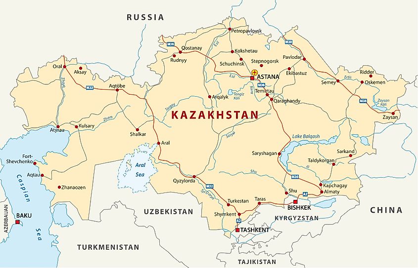 Map of Kazakhstan showing the location of Lake Balkhash.