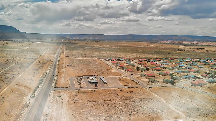 Aerial panoramic view of Kayenta and surrounding countryside.