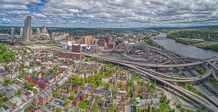 The skyline and Empire State Plaza of Albany, New York, the state capital.
