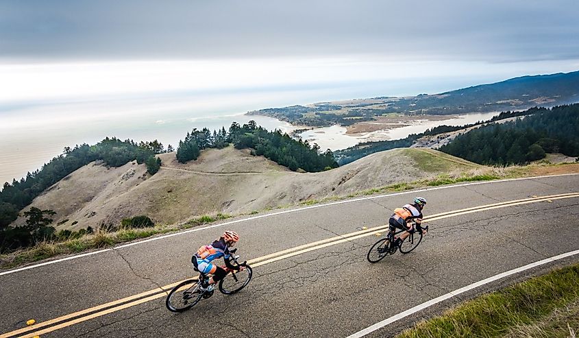 Two road bikers on Ridgecrest Blvd. above Stinson Beach, CA.