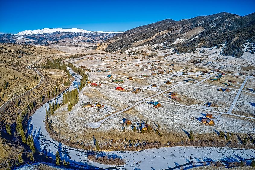 Aerial view of Creede, Colorado, in winter.