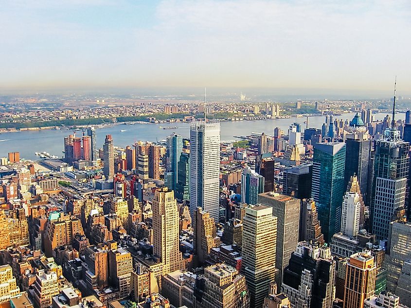 New York City Manhattan Skyline, helicopter flight view. United States