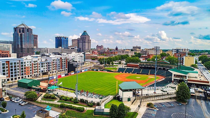 Drone aerial view of Downtown Greensboro North Carolina