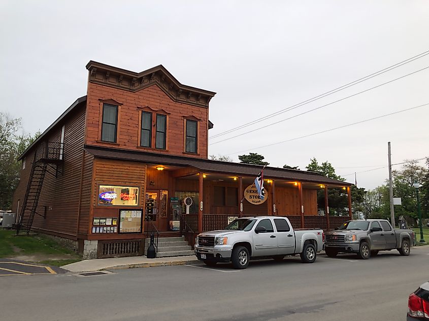 Cars parked in front of the general store in Kelleys Island, Ohio.