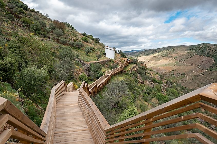 Côa walkways, a wooden structure with a length of 930 meters and 890 steps and a small dovecote at the front on a cloudy day in Foz Côa, Portugal