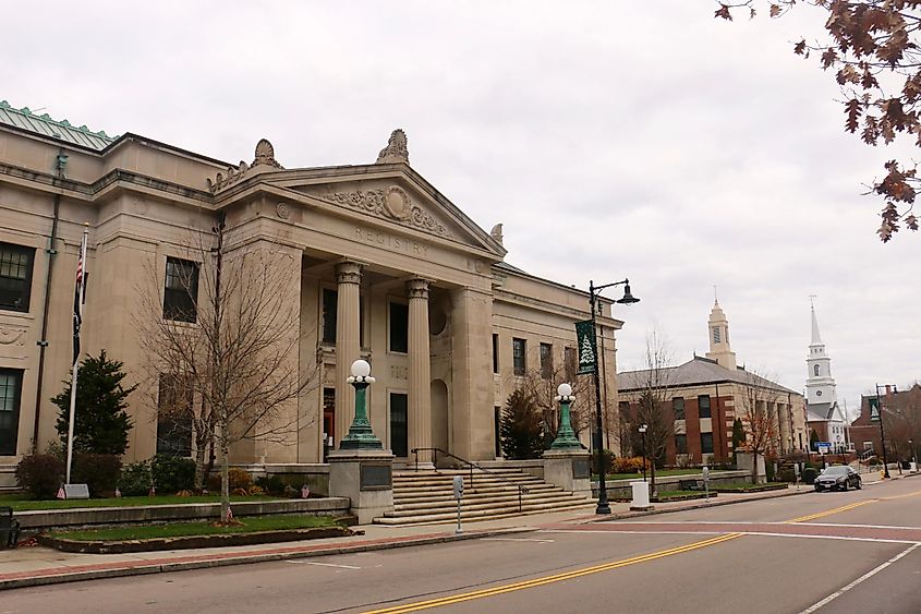 Streetscape of High Street in downtown Dedham, Massachusetts.