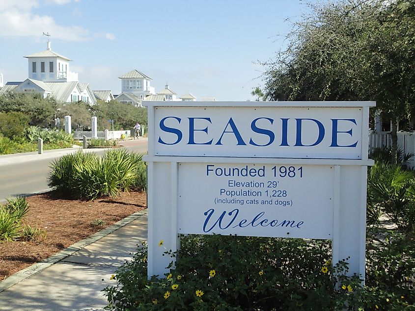 Welcome sign to Seaside, Florida.