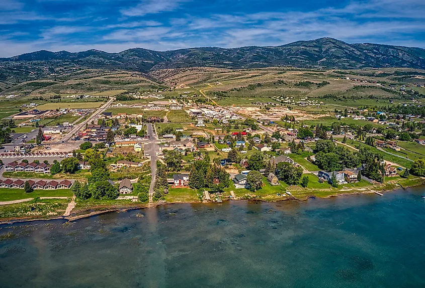 Aerial view of Garden City, Utah, on the shore of Bear Lake.