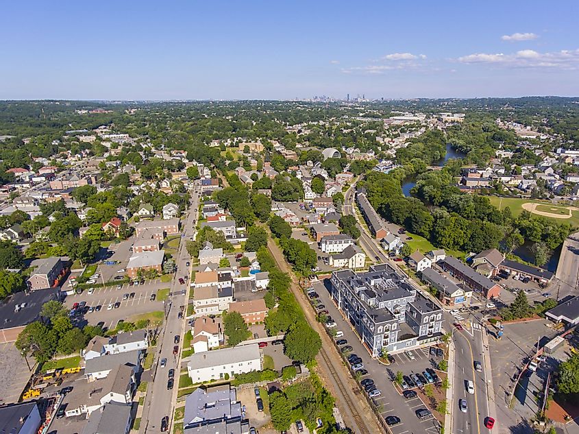 Aerial view of Waltham city center at Main Street in downtown Waltham, Massachusetts.