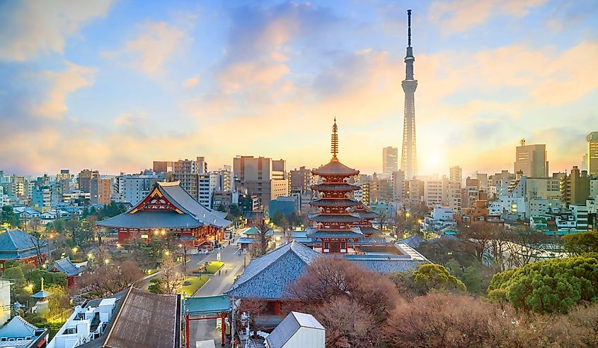 View of Tokyo skyline with Senso-ji Temple and Tokyo skytree at twilight in Japan