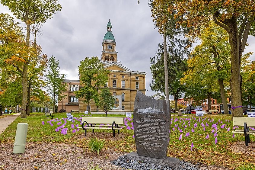 Hillsdale, Michigan, USA - October 21, 2021: The Hillsdale County Courthouse and it is Sultana Memorial