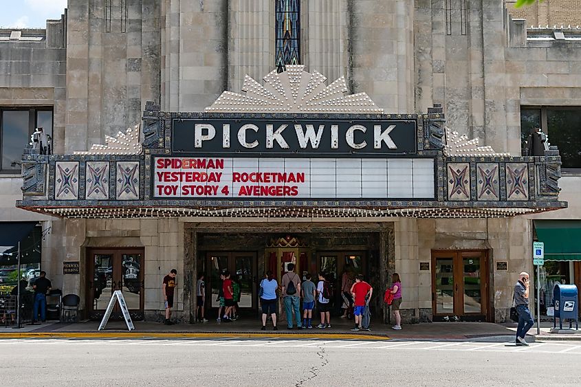 The Historic Art Deco Pickwick Theater Entrance and Marquee at Park Ridge, Illinois.