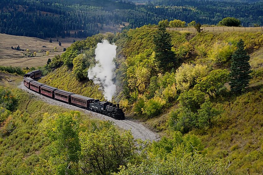 Cumbres and Toltec Scenic Railroad traveling along a hillside near Chama, New Mexico