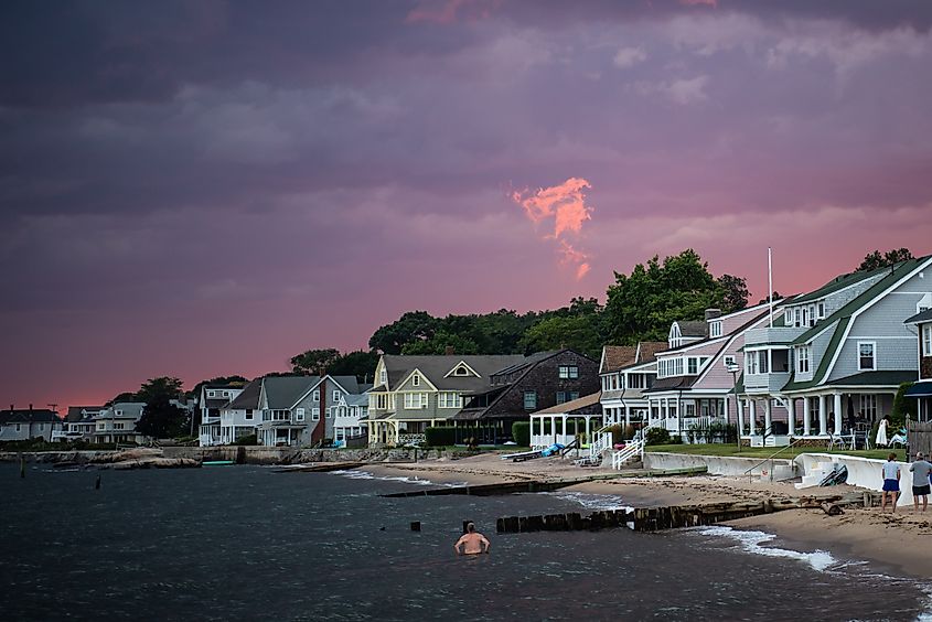 Blue hour after sunset in Madison, Connecticut, from East Wharf beach.