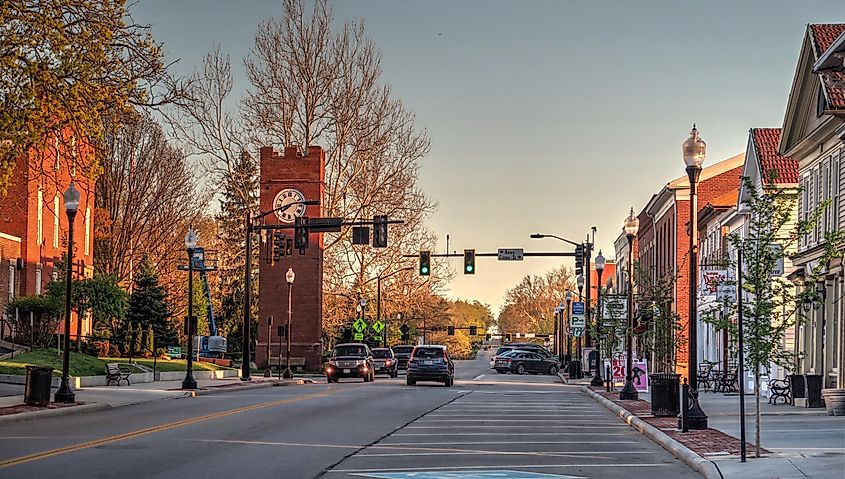 Beautiful Historic Downtown Business District on a Summer Day in Hudson, Ohio.