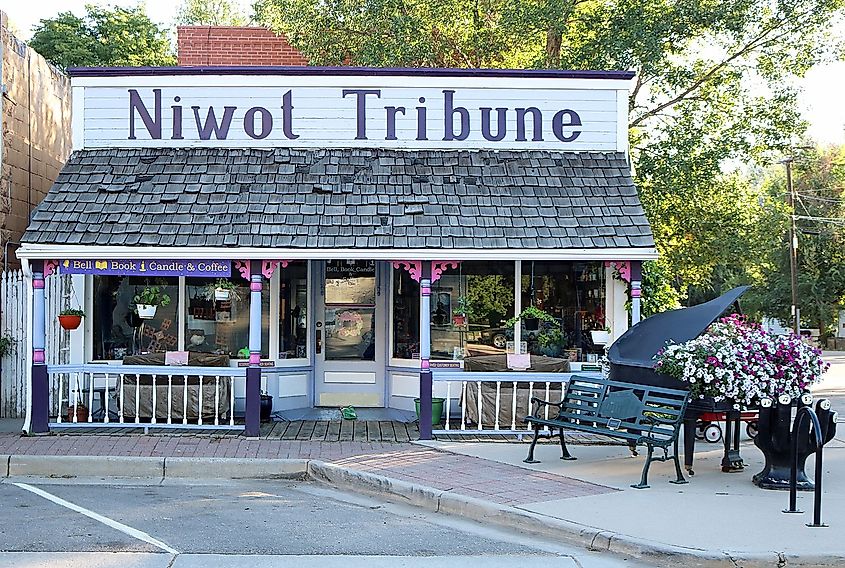 The old Niwot Tribune building, now a shop, along 2nd Avenue in Niwot, Colorado.