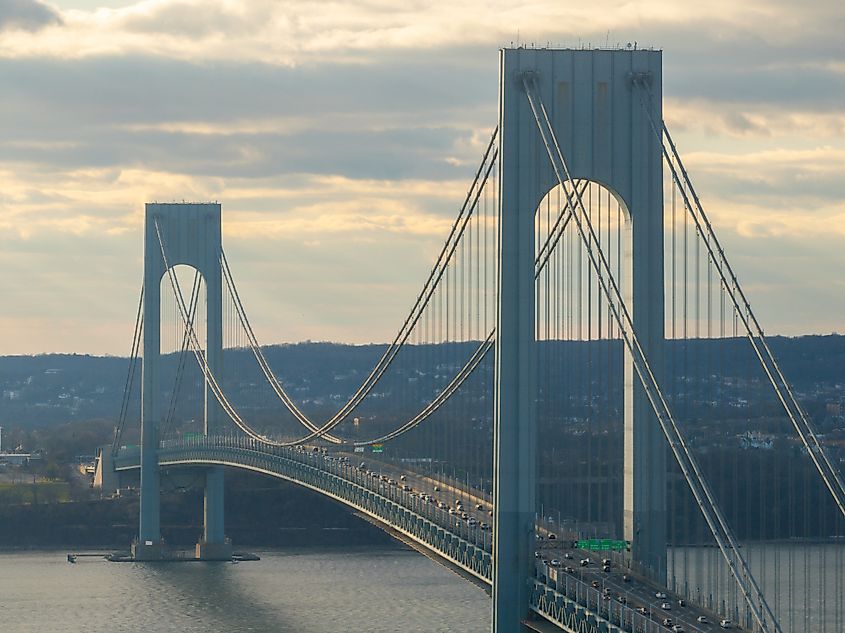 Aerial view of the Verrazzano Narrows Bridge in New York from Brooklyn.