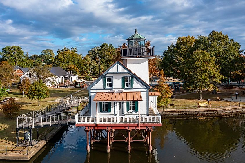 Aerial View of the Roanoke River Lighthouse in Edenton North Carolina. 