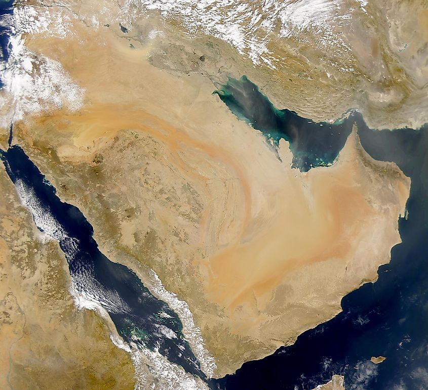 Satellite imagery of the Arabian Peninsula. 