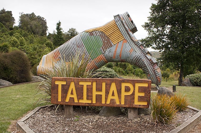 Sign and corrugated iron gumboot in Taihape, New Zealand