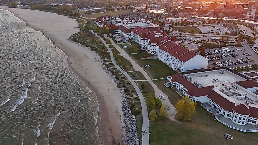 Aerial view of Sheboygan, Wisconsin, lakeshore at sunset.