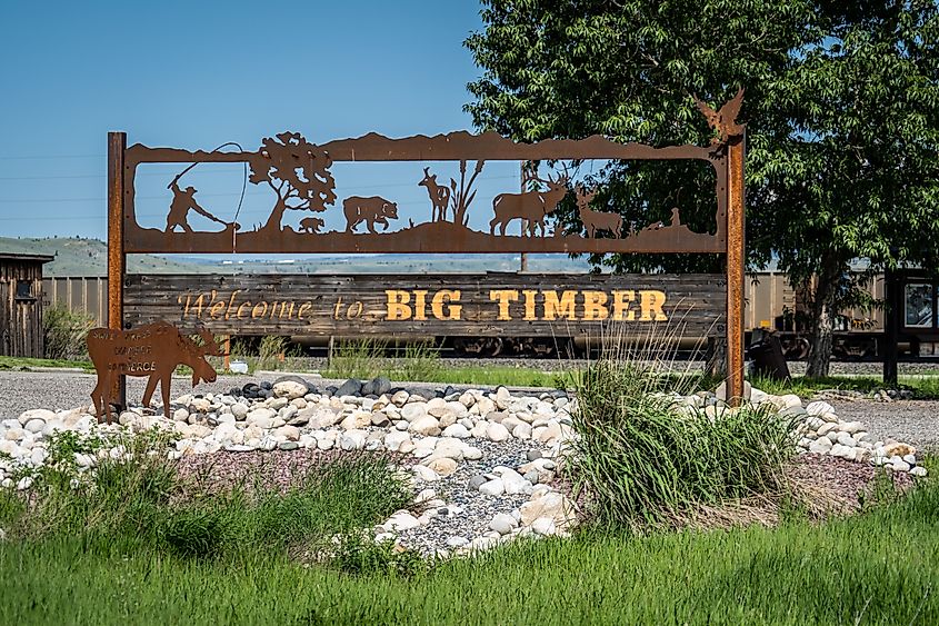 Sign welcomes visitors to the small town of Big Timber Montana, located right off busy Interstate 90