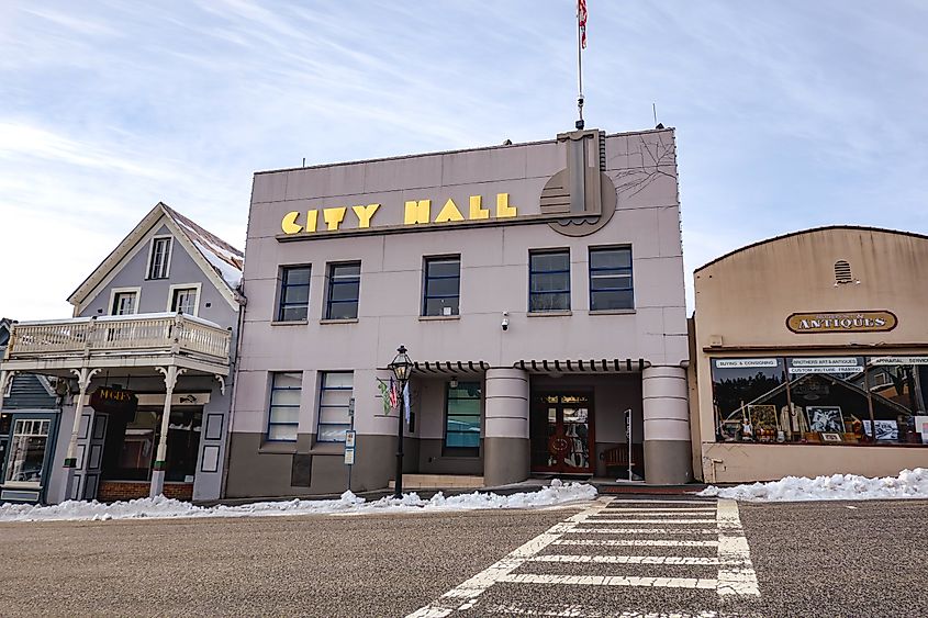 The Art Deco facade of the City Hall in Nevada City, California