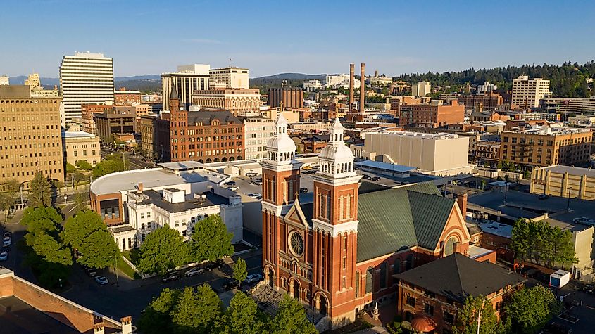 Afternoon light falls onto the buildings and architecture of Spokane Washington USA.