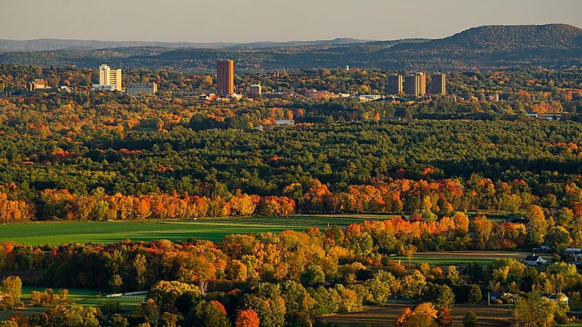 Fall foliage with the Greater Amherst, Massachusetts urban landscape in the distance