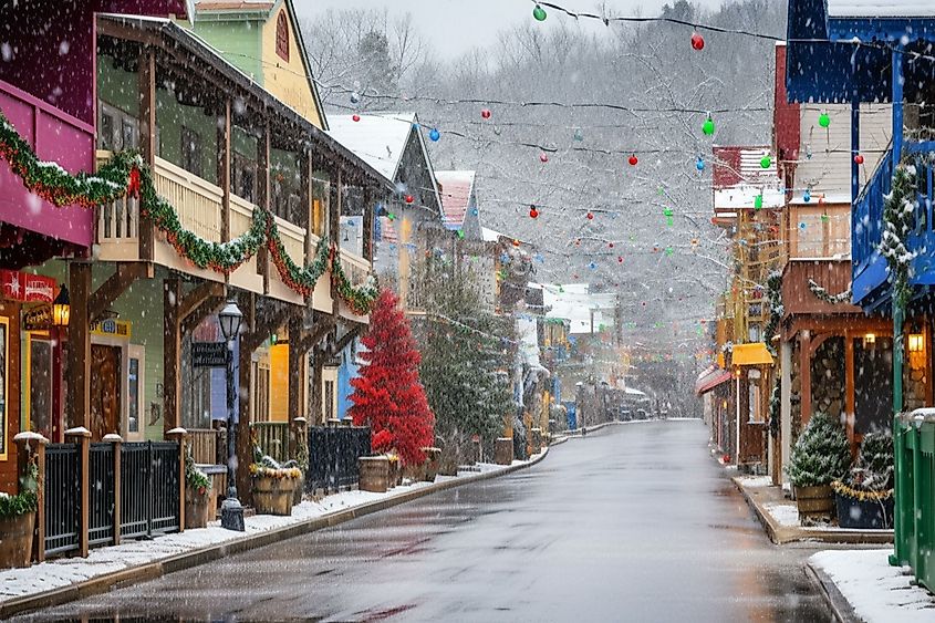 Winter scene of Gatlinburg Tennessee's main street