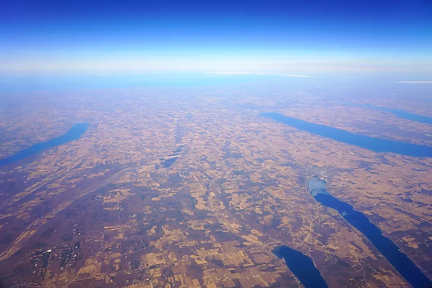 Aerial view of one of New York's Finger Lakes, whose long, narrow shape traces the path of the ice.