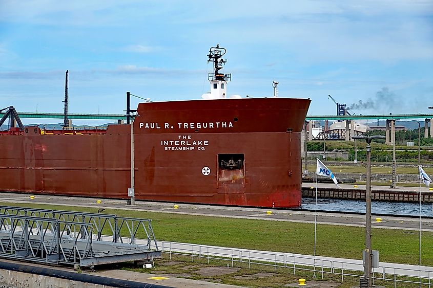 MV Paul R. Tregurtha is a Great Lakes-based bulk carrier freighter. She is the current Queen of the Lakes, at over 1,000 feet long going through the Soo Locks. Editorial credit: Thomas Barrat / Shutterstock.com