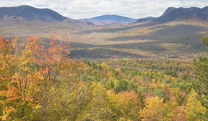 View of mountains in fall, Mount Blue State Park, Weld, Maine.