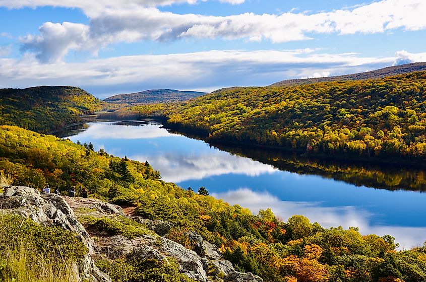 Lake of the Clouds in Porcupine Mountains Wilderness State Park, Michigan’s largest state park, surrounded by breathtaking fall foliage.