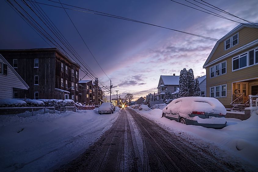 After a snow storm on the streets of Bridgeport, Connecticut