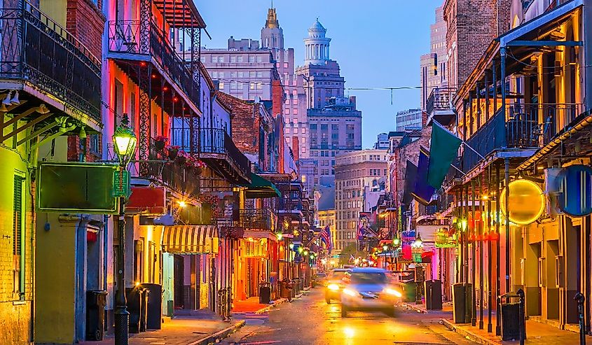 Pubs and bars with neon lights in the French Quarter, New Orleans