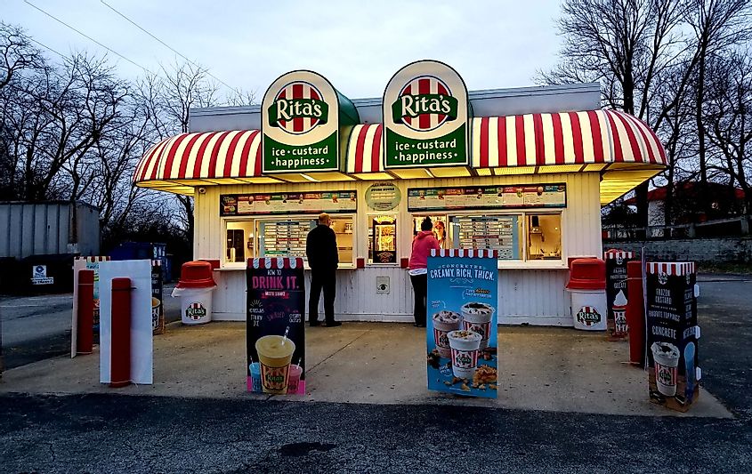 Customers visit Rita's Water Ice Store on a late evening in Wilmington, Delaware
