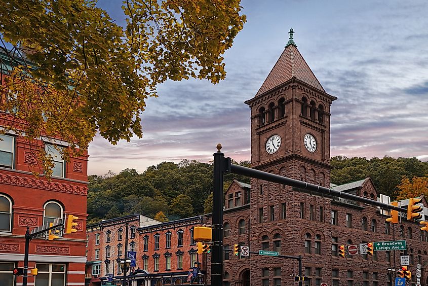 Jim Thorpe, PA, with the Carbon County Courthouse building clock tower.
