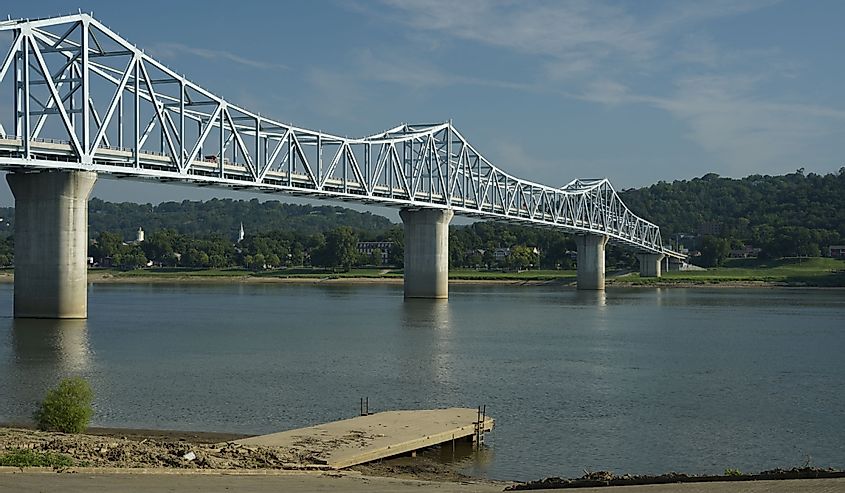 The Bridge that connects Milton Kentucky to Madison Indiana spanning across the Ohio River looking towards the Indiana side