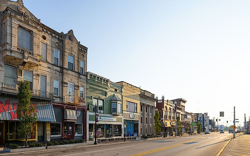 Greensburg, Indiana, USA - August 20, 2021: The business district on Main Street