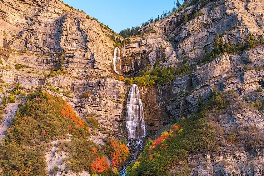 Bridal Veil Falls cascading down the rock face in Provo Canyon