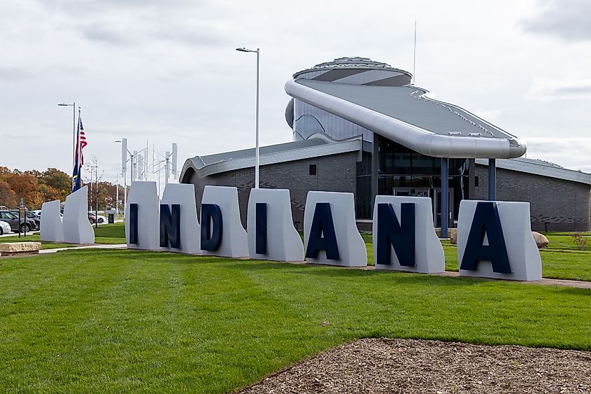 Indiana welcoming sign at a state-of-the-art transportation hub in Whitestown