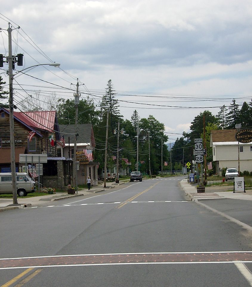 Routes 28 and 30 overlap through the western part of the hamlet of Indian Lake in New York