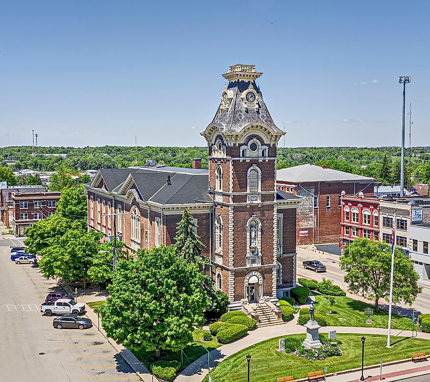 The Henry County Courthouse and other buildings in New Castle, Indiana.