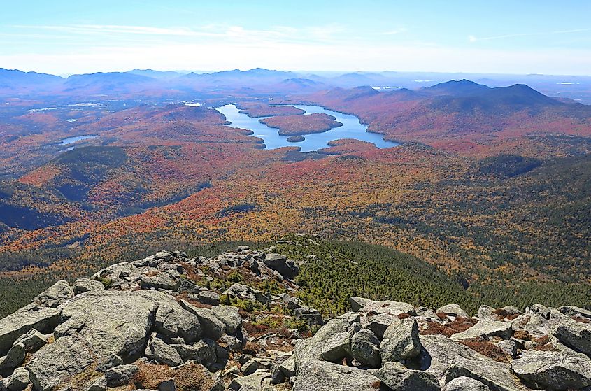 View of Lake Placid and surrounding fall landscape from the mountain.