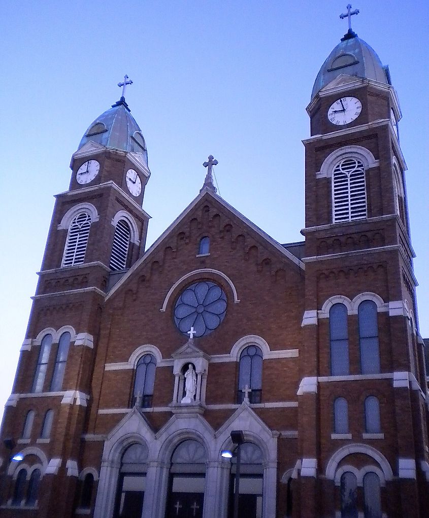 Looking up at St. Mary's Catholic Church in Alton, Iowa.